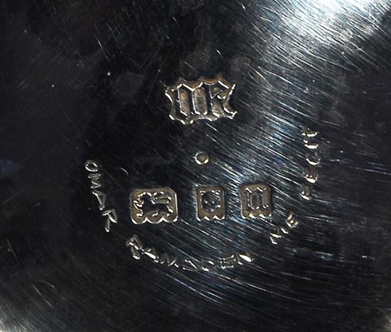 A George V Arts & Crafts silver raised circular dish, by Omar Ramsden, Dia (to Rose motifs) 165mm, weight 7.2ozs/226grms